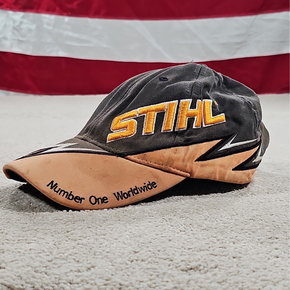 STIHL Cabelas Outfitters Black Orange Hat Cap Power Tools Chainsaws Lawn Vintage